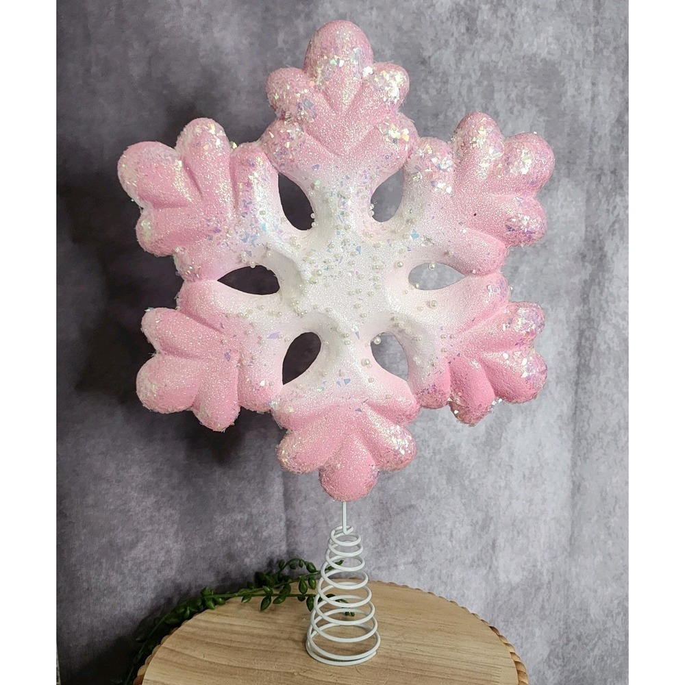 Pink‎ & White Beaded Snowflake Christmas Tree Topper 15.5" Pinkmas Glitter Beads